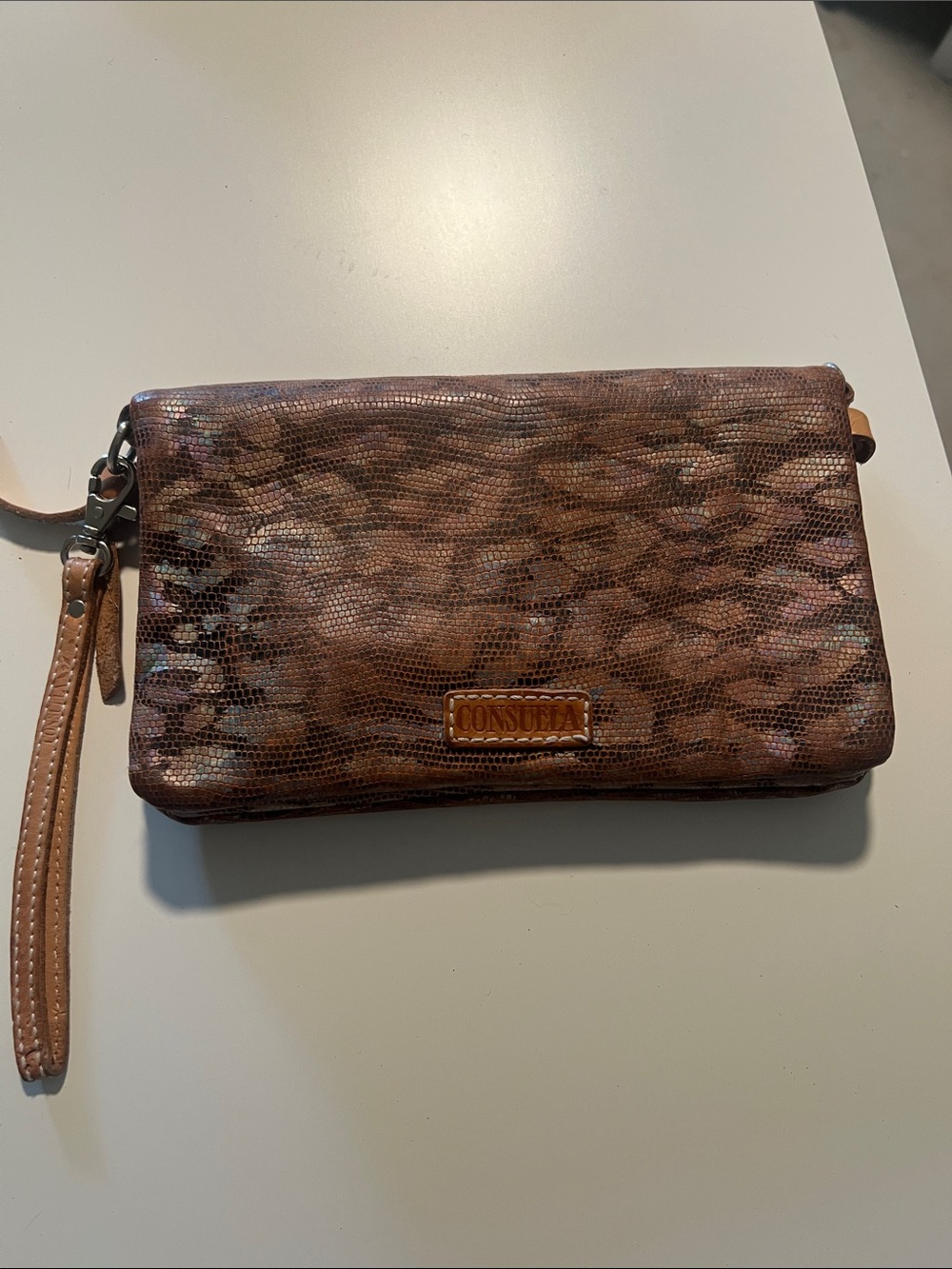 Consuela Brown Iridescent Snake-Print Wristlet Clutch